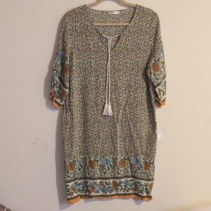 Alife Cream and Brown 3/4 Sleeve Tie Front Tunic